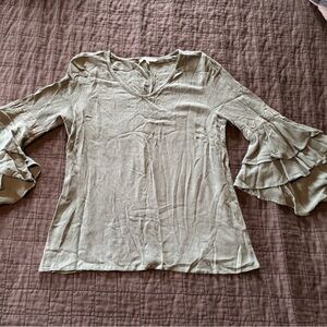 Rethm Womens Sage Green Crinkle Gauze V-Neck Tiered Ruffle Bell Sleeve Blouse S